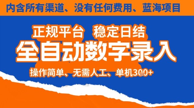 全自动数字录入，单机日入3张+，内含所有渠道全程免费零成本，操作简单可矩阵开干【揭秘】-阿信云网创合伙人