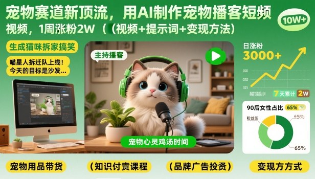 宠物赛道新顶流，用AI制作宠物播客短视频，1周涨粉2W(视频+提示词+变现方法)-阿信云网创合伙人